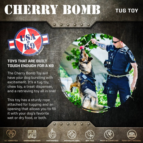 A police dog leaps to grab a SodaPup USA-K9 Cherry Bomb, a durable rubber toy that’s vet-approved, safe, sustainable, and can be used as a chew toy, tug or retrieving toy, and treat dispenser.