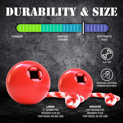 Graphic displays two red SodaPup USA-K9 Cherry Bomb Durable Rubber Chew Toys with rope handles, in large and medium sizes, showing weights, dog size recommendations, and a durability scale from Nibbler to Destrukto Dog!.