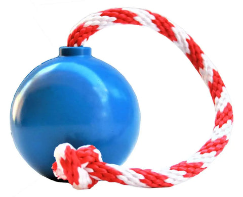The SodaPup USA-K9 Cherry Bomb is a blue durable rubber dog toy on a red and white braided rope. It functions as a chew toy, treat dispenser, tug and retrieving toy, and is shown on a white background.