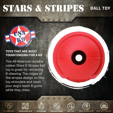 The image shows the USA-K9 Stars and Stripes Ultra-Durable Rubber Chew Ball by SodaPup, a red rubber dog ball with a ridged star pattern, designed for power chewers. Features include durability, safety, dishwasher compatibility, and USA K9 branding.