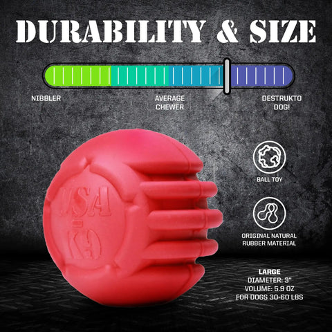 The SodaPup USA-K9 Stars and Stripes Ultra-Durable Rubber Chew Ball, made from natural rubber, is 3 wide, suited for dogs 30-60 lbs, and rated durable for average chewers. Features a large red design with durability scale shown.