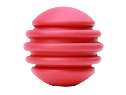 The SodaPup USA-K9 Stars and Stripes Ultra-Durable Rubber Chew Ball is a red, round dog ball with multiple horizontal grooves, shown on a white background.