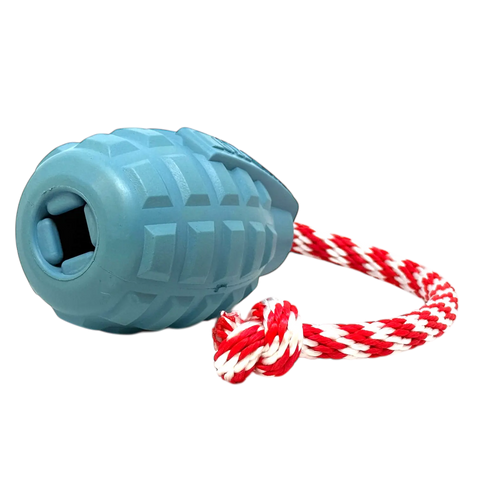 The SodaPup USA-K9 Grenade Durable Rubber Chew Toy in Steel Blue is a tough chew, treat dispenser, tug, and retrieving toy featuring a red and white braided rope knotted at the end for engaging play.