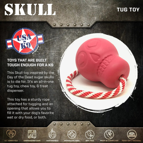 The SodaPup USA-K9 Skull Durable Rubber Chew Toy in pink is inspired by Day of the Dead sugar skulls, with a white-and-red rope for tugging. This versatile toy dispenses treats and highlights pet-friendly features for dogs to enjoy.