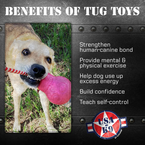 A happy dog plays outside with the SodaPup USA-K9 Skull Pink Tug Toy. Text highlights its durability, promotes exercise, bonds dogs and owners, relieves energy, builds confidence, teaches self-control. USA K9 logo appears.