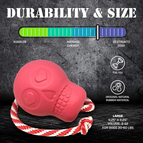 The SodaPup USA-K9 Skull is a pink, durable natural rubber chew, tug, and treat-dispensing toy for large dogs (30–60 lbs). Size: 4.25x3.25, volume: 8 oz. Tough from “Nibbler” to “Destrukto Dog!”—great for chewing and retrieving.