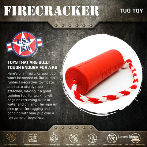 The SodaPup USA-K9 Firecracker Durable Rubber Floating Training Dummy—Large, Red—features an embossed logo and a red-and-white rope. This eco-friendly, dishwasher-safe dog toy is built for training and water play.