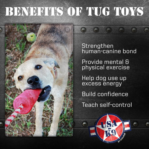 A dog tugs on a red USA-K9 Firecracker Durable Rubber Floating Training Dummy by SodaPup outside. Text highlights benefits: strengthens bond, provides exercise, burns energy, boosts confidence, and teaches self-control. USA K9 logo bottom right.