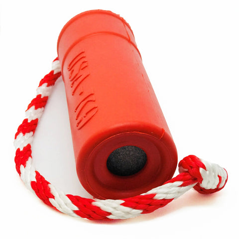 The SodaPup USA-K9 Firecracker Durable Rubber Floating Training Dummy, large and red with a black end and braided red/white rope handle, is veterinarian-approved.