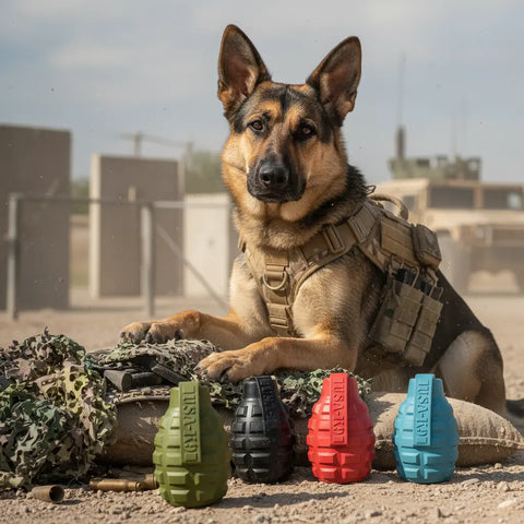 USA-K9 Grenade Army Green Dog Treat Dispenser – Durable Chew Toy for Super Chewers – Made in USA SodaPup  Rubber Dog Toys