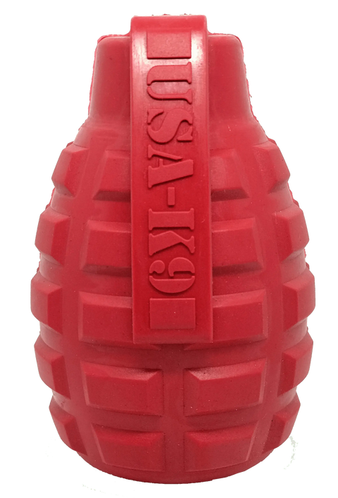 The SodaPup USA-K9 Grenade EDispenser is a durable red rubber chew toy and treat dispenser for power chewers, with USA-K9 embossed vertically on the center.