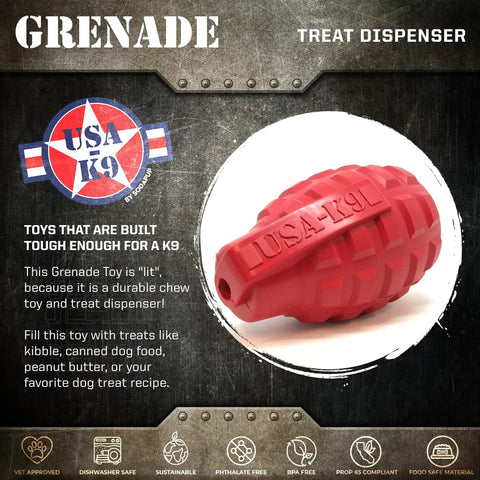 The SodaPup USA-K9 Grenade EDispenser Durable Rubber Chew Toy & Treat Dispenser in red is a tough, sustainable chew toy for power chewers, designed for treat dispensing and safety.