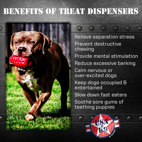 A brown dog runs on grass holding the red SodaPup USA-K9 Grenade EDispenser Durable Rubber Chew Toy & Treat Dispenser. Benefits shown: stress relief, prevents chewing, mental stimulation, and calms nervous dogs.
