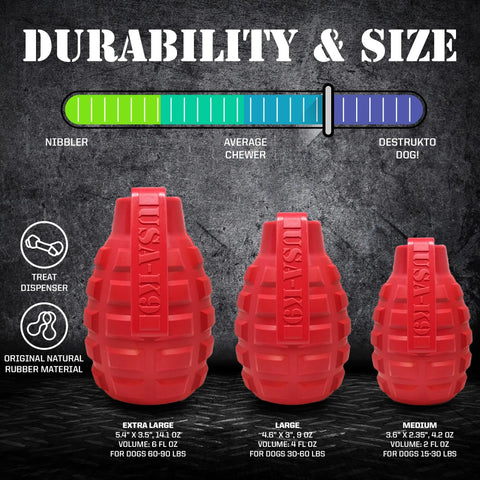 Three red USA-K9 Grenade EDispenser Durable Rubber Chew Toys by SodaPup, shown in various sizes on a dark background, feature treat dispensing and a durability scale from “Nibbler” to “Destrukto Dog!” for power chewers.