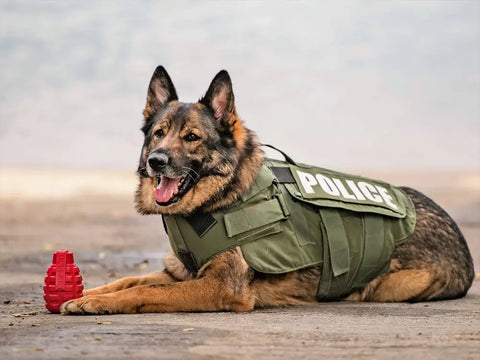 A German Shepherd police dog wearing a green POLICE vest lies on the ground next to a red SodaPup USA-K9 Grenade EDispenser Durable Rubber Chew Toy & Treat Dispenser, looking alert with its mouth open.