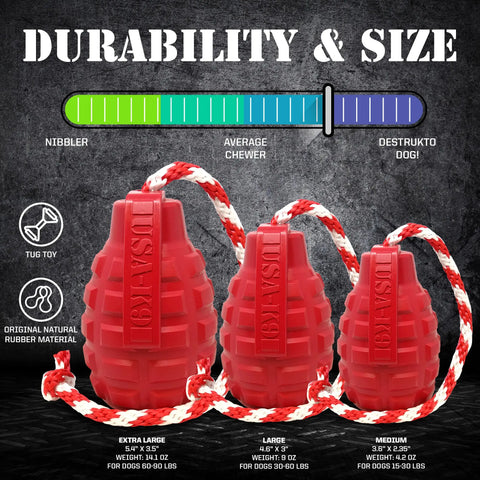 Three red USA-K9 Grenade Durable Rubber Chew Toys by SodaPup, shown in medium, large, and extra-large sizes, feature a durability scale from “Nibbler” to “Destrukto Dog!” and double as treat dispensers and tug toys.