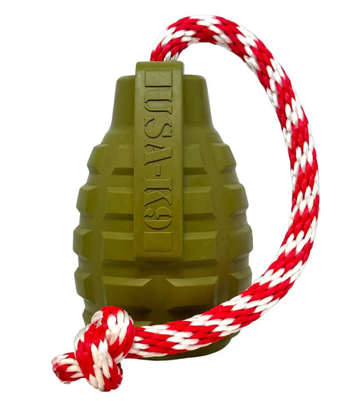 USA-K9 Grenade Shaped Rubber Dog Toy - Chew, Treat Dispenser & Tug Toy | USA - Army Green SodaPup  Rubber Dog Toys