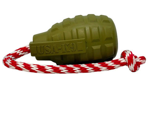 USA-K9 Grenade Shaped Rubber Dog Toy - Chew, Treat Dispenser & Tug Toy | USA - Army Green SodaPup  Rubber Dog Toys