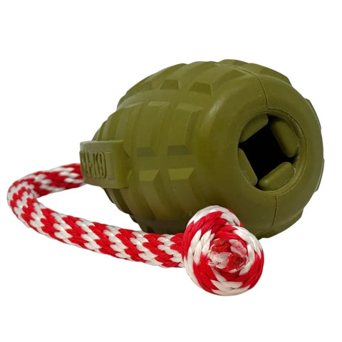 USA-K9 Grenade Shaped Rubber Dog Toy - Chew, Treat Dispenser & Tug Toy | USA - Army Green SodaPup  Rubber Dog Toys