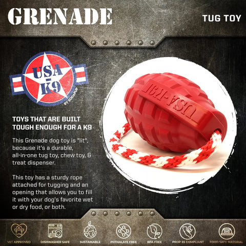 USA-K9 Grenade Shaped Rubber Dog Toy - Chew, Treat Dispenser & Tug Toy | USA - Army Green SodaPup  Rubber Dog Toys