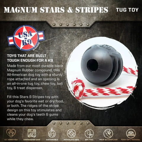 The SodaPup USA-K9 Magnum Black Stars and Stripes Ultra-Durable Rubber Chew, Reward, Tug, and Retrieving Toy is shown with a red and white rope beside a USA K9 logo, highlighting its durability, versatility, and dog-safe design on a rustic background.