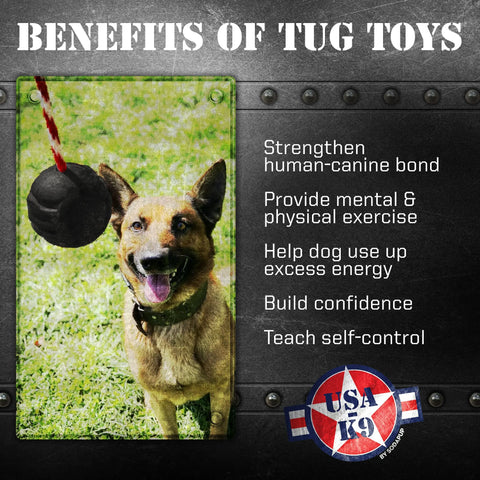 A happy dog stands by the SodaPup USA-K9 Magnum Black Stars and Stripes Ultra-Durable Rubber Chew, Reward, Tug & Retrieving Toy (Black) on a rope. Benefits: bonding, exercise, burning energy, building confidence & teaching self-control. USA K9 logo at bottom.