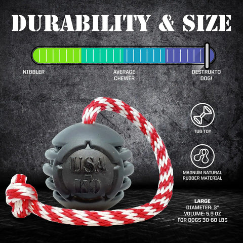 The SodaPup USA-K9 Magnum Black Stars and Stripes is an ultra-durable rubber chew, reward, tug, and retrieving toy for power-chewer large dogs (30–60 lbs), made in the USA for tough play.