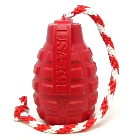The SodaPup USA-K9 Magnum Grenade is a red, American-made chew and reward toy with raised USA-K9 text and a twisted red-and-white rope—durable and perfect for power chewers.