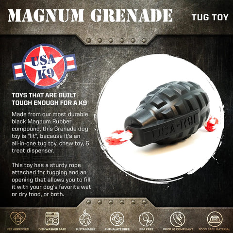 A black SodaPup USA-K9 Magnum Grenade durable rubber chew toy with red and white rope at both ends. Serves as a treat dispenser, tug, reward, and retrieving toy. Background shows the USA-K9 logo and product features.
