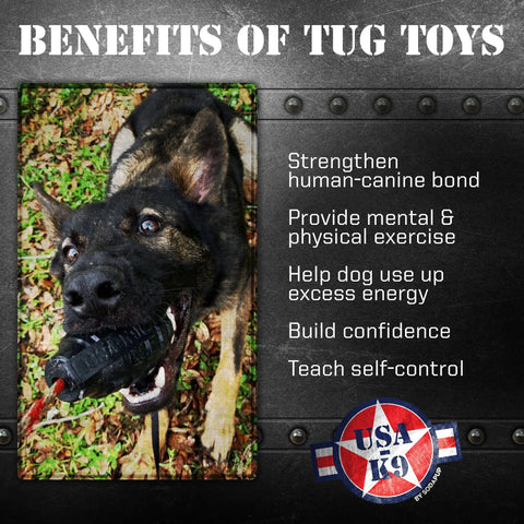 A German Shepherd plays with the SodaPup USA-K9 Magnum Grenade Durable Rubber Chew Toy outdoors. Text highlights tug toy benefits: strengthens bond, provides exercise, builds confidence, uses energy, teaches self-control. USA-K9 logo at bottom.