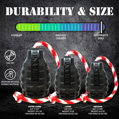 Three SodaPup USA-K9 Magnum Grenade chew toys in black, with red-and-white ropes, are shown in XL, L, and M sizes against a dark background. These durable rubber toys also serve as treat dispensers and tug or retrieving toys.