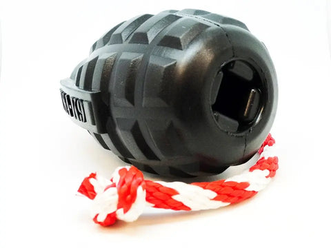 The SodaPup USA-K9 Magnum Grenade is a durable black rubber chew toy, treat dispenser, tug, and retrieving toy—ideal for pets who love to play and chew.