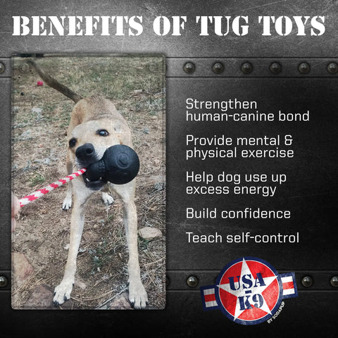 Outdoors, a dog tugs on the SodaPup USA-K9 Magnum Skull—durable rubber chew, treat dispenser, tug, and retrieving toy. Benefits: strengthens bonds, provides exercise, channels energy, builds confidence, and teaches self-control. USA K9 logo shown.