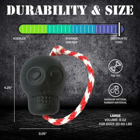 The SodaPup USA-K9 Magnum Skull is a black durable rubber chew, treat dispenser, and tug toy with a red and white rope. Its toughness is rated from Nibbler to Destrukto Dog; measures 4.25 x 3.25 inches for dogs 30–60 lbs.
