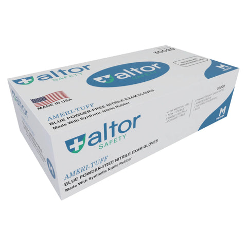 A rectangular box of Altor Safety Nitrile Gloves Standard 6 Mil Chemo-Rated, size medium. The white box with blue and green accents displays product details and features an American flag for Made in USA. FDA 510k Approved, powder-free nitrile exam gloves.