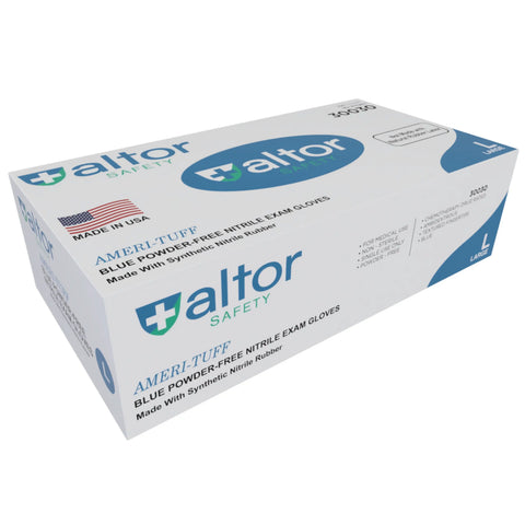 A white box of Altor Safety Nitrile Gloves Standard 6 Mil Chemo-Rated, size large, blue, FDA 510k approved, made in the USA with synthetic nitrile rubber and blue-green branding.
