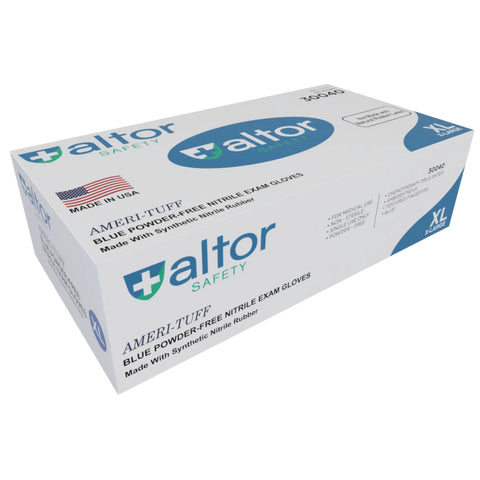 A box of Altor Safety Nitrile Gloves Standard 6 Mil Chemo-Rated, size XL, FDA 510k approved, powder-free, blue, contains 300 gloves. The white box has blue and green accents and displays product and brand details.