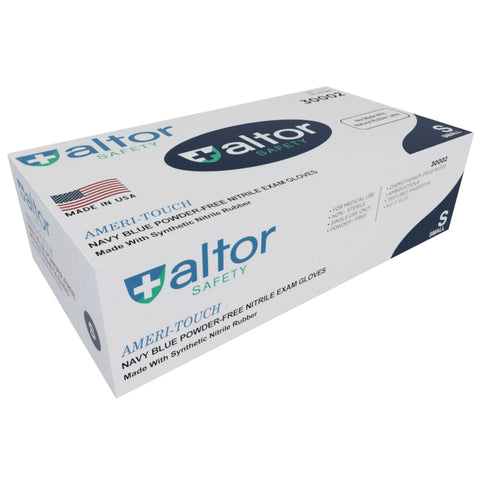 A box of Altor Safety Nitrile Gloves Lightweight 4 Mil Chemo-Rated, navy blue, powder-free, size small. These FDA 510k Approved gloves come in a white box with blue and green accents and are made in the USA.