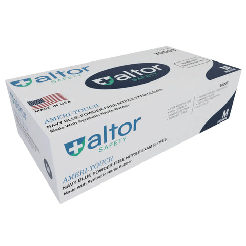 A box of Altor Safety Nitrile Gloves Lightweight 4 Mil Chemo-Rated, size medium. The navy blue, powder-free gloves are USA-made. The box shows product details, the logo, FDA 510k approval, and a U.S. flag indicating Made in USA.