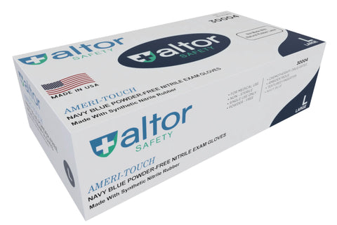 A white box of Altor Safety Nitrile Gloves Lightweight 4 Mil Chemo-Rated, size large, features a green and blue logo, product details, and an American flag indicating USA-made nitrile gloves. FDA 510k approved. Navy blue color.