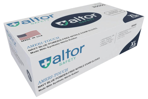 A box of Altor Safety Nitrile Gloves Lightweight 4 Mil Chemo-Rated, size XL, navy blue, FDA 510k Approved, powder-free exam gloves with product details, American flag, and Made in USA text on the packaging.