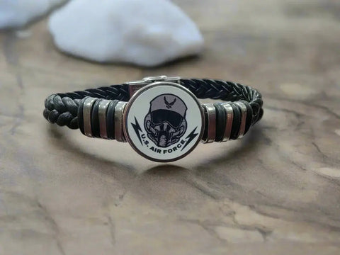 USAF Braided Leather Bracelet – Genuine Black Leather Patriotic Wristband | Made in USA Durable Military Gift Michelle Marie Boutique  Bracelets