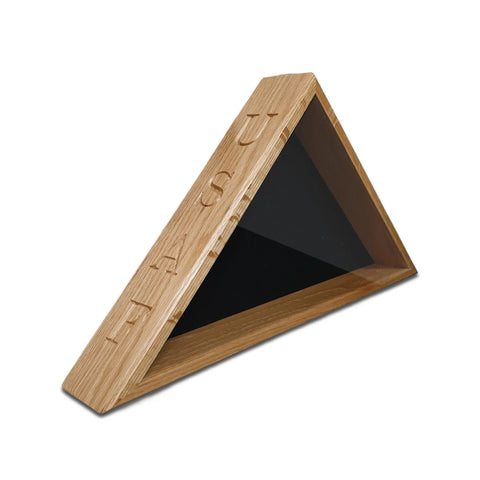 The USAF - Oak Burial Flag Display Case (5 X 9.5 Flag) by Legacies of America Woodworking Company features a triangular oak frame, glass front, engraved side lettering, and is proudly handcrafted by U.S. Military Veterans.