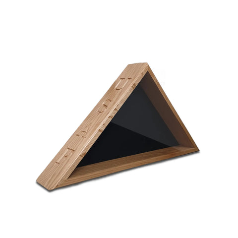 The Legacies of America Woodworking Company USAF - Oak Burial Flag Display Case (5 X 9.5 Flag) features a triangular oak frame, black center, engraved top edge, handcrafted by U.S. Military Veterans; pictured on white background.