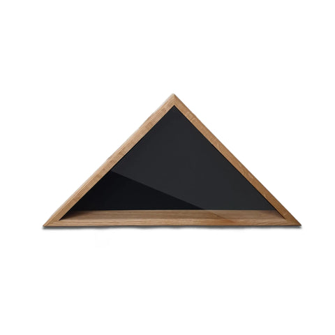 The USAF - Oak Burial Flag Display Case (5 x 9.5) by Legacies of America Woodworking Company features a handcrafted triangular oak shelf with black back panel, made by U.S. Military Veterans—ideal for displaying burial flags in minimalist style.