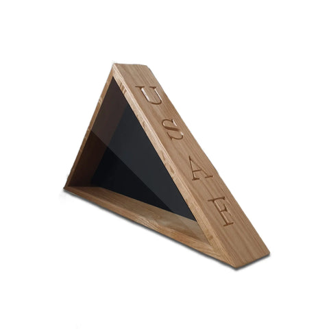The USAF - Oak Burial Flag Display Case (5 X 9.5) by Legacies of America Woodworking Company features a glass front and engraved USAF letters, crafted by U.S. Military Veterans.