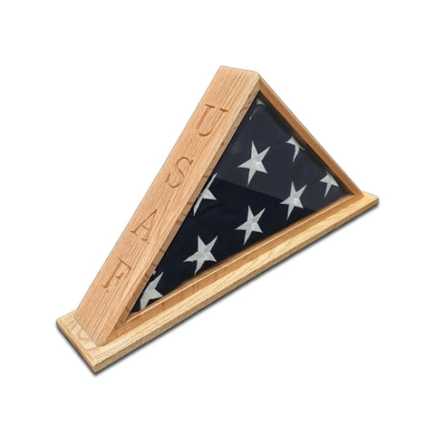 A 5 x 9.5 folded American flag with white stars is showcased in the USAF-engraved Oak Burial Flag Display Case by Legacies of America Woodworking Company, proudly built by U.S. Military Veterans.