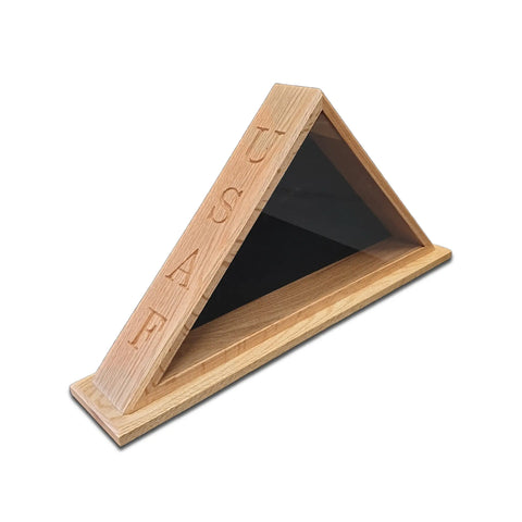 The Legacies of America Woodworking Company USAF Oak Burial Flag Display Case features a glass front, USAF engraving, and is crafted by U.S. Veterans to display and protect a 5 x 9.5 folded flag.