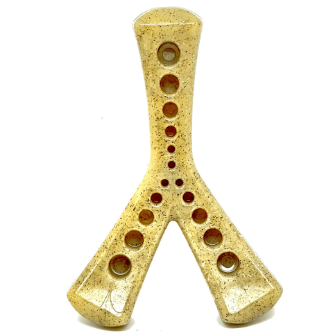 The SodaPup MOD Wishbone EChew Ultra Durable Nylon Dog Chew Toy is a beige, Y-shaped, speckled dog chew with rounded legs and multiple circular treat-dispensing holes—ideal for aggressive chewers.