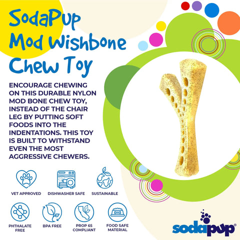 Graphic featuring the SodaPup MOD Wishbone EChew Ultra Durable Nylon Dog Chew Toy for aggressive chewers, with icons showing its vet approved, dishwasher safe, sustainable, phthalate-free, BPA-free, and food safe.